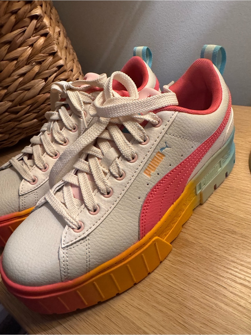 PUMA White Sneakers with Pink and Yellow Accent